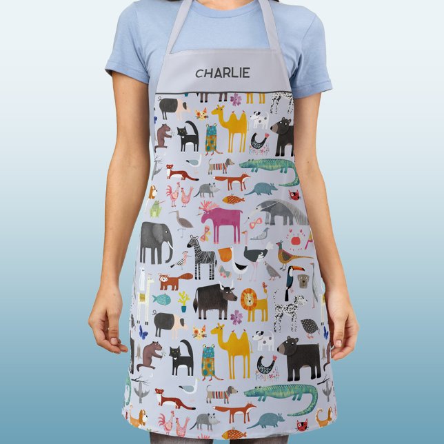 Tiermenagerie Personalisiert Schürze (Fun animal menagerie zoo, wildlife, jungle, safari & pet animals and bird pattern personalized apron)