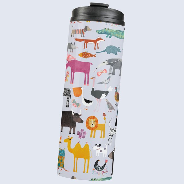Tiermenagerie Thermosbecher (Fun animal menagerie with wild, safari, zoo, pet animals and birds pattern water bottle)