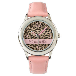 Tiermuster, braun, rosa, monogramm armbanduhr
