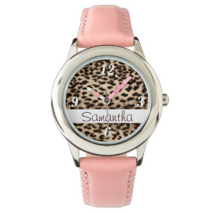 Tiermuster, braun, rosa, monogramm armbanduhr