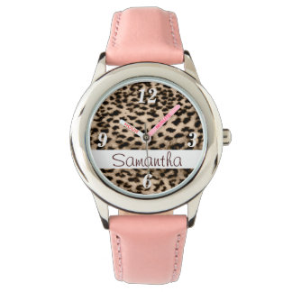 Tiermuster, braun, rosa, monogramm armbanduhr