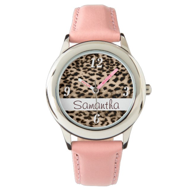 Tiermuster, braun, rosa, monogramm armbanduhr (Vorderseite)