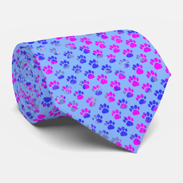 Tierpaw-Silhouette Blue Pink auf Blue Neck Tie Krawatte (Gerollt)