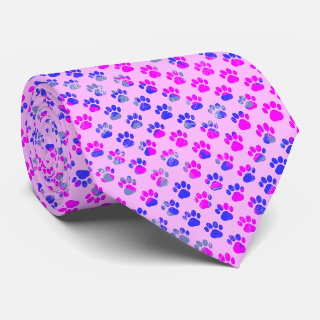 Tierpaw-Silhouette Blue Pink auf Pink Neck Tie Krawatte (Gerollt)