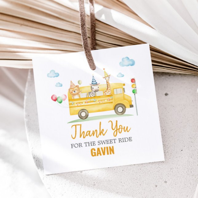 Tierschulbus Geburtstagsparty Square Geschenkanhänger (School Bus Birthday Party Square Favor Tags)