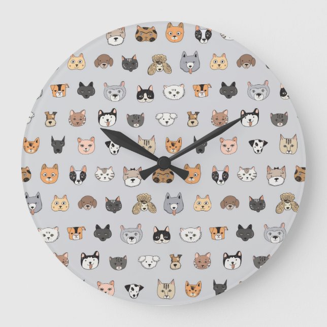 Tierspass: Hunde bei Katzen Doodle Mix Große Wanduhr (Vorderseite)