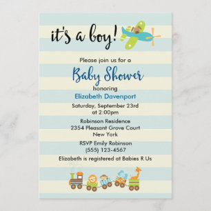 Tierspielzeug Zug und Flugzeug Baby Boy Shower Einladung