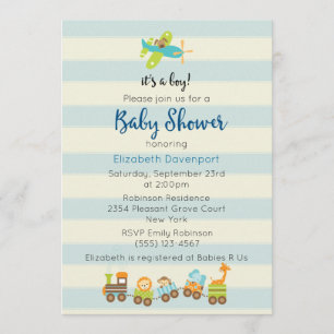 Tierspielzeug Zug und Flugzeug Baby Boy Shower Einladung