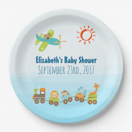 Tierspielzeug-Züge und Flugzeugjunge Babydusche Pappteller
