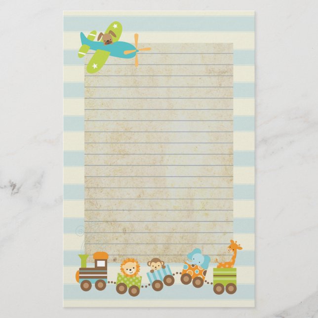 Tierspielzeugzug und -flugzeug auf Streifen Briefpapier (Vorderseite)