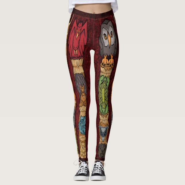 Tiertotem-Pole-Leggings - roter Hintergrund Leggings (Vorderseite)