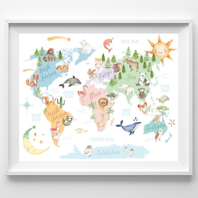 Tierweltkarte Kinder drucken, Tiere der Welt Poster (Von Creator hochgeladen)