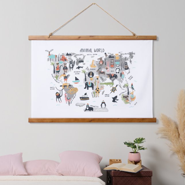 Tierweltkarte Wandteppich Mit Holzrahmen (Schlafzimmer)