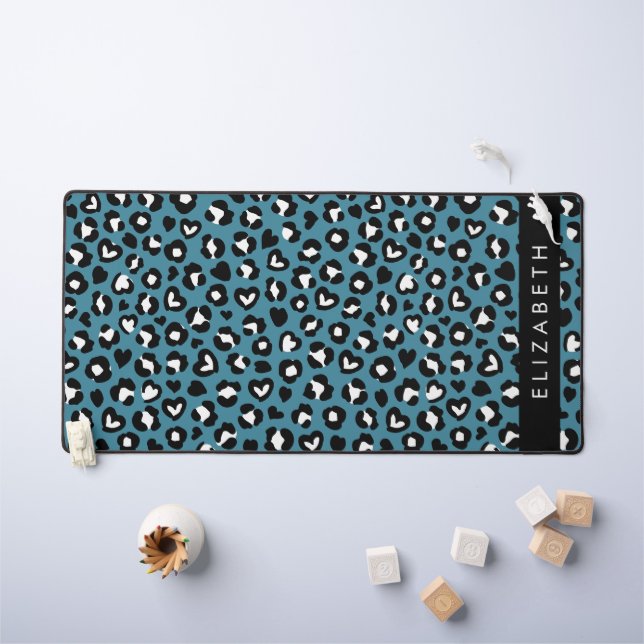 Tierwerbung, Blauer Leopard, Herz, Ihr Name Schreibtischunterlage (Kindertisch)