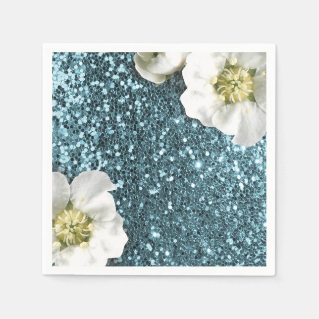 Tiffany Aqua Beach Blue Jasmine Glitzer Sequin Serviette (Vorderseite)