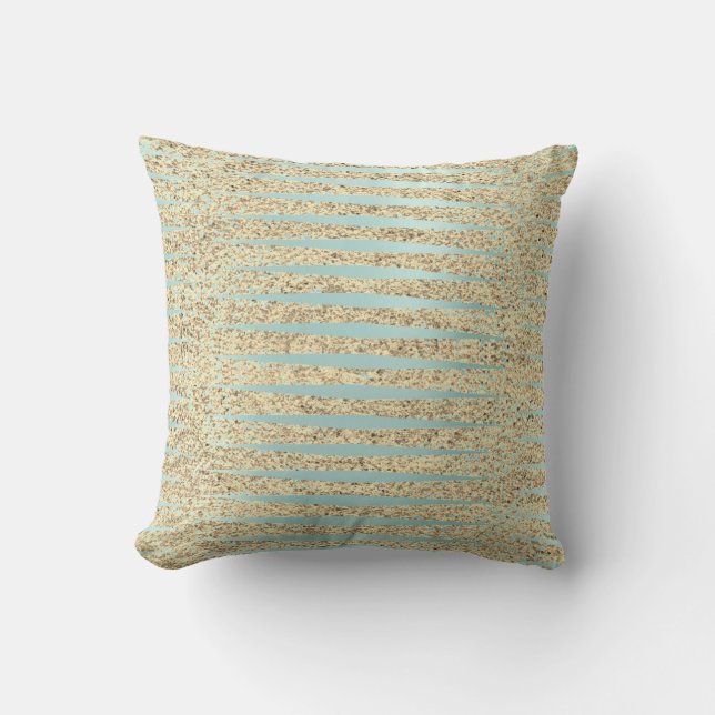 Tiffany Aqua Blue Foxier Gold Glitzer Streifen Kissen (Vorderseite)