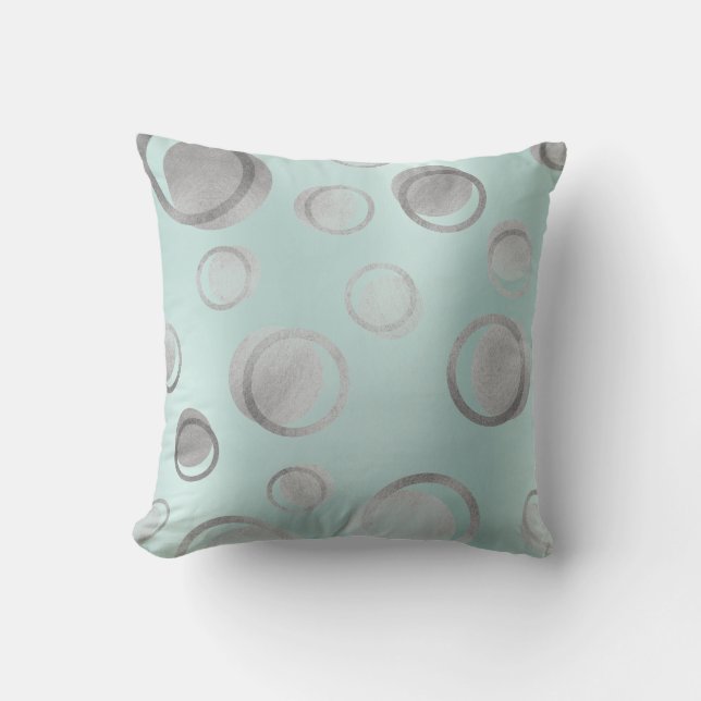 Tiffany Aqua Blue Silver Metallic Circle Dots Grau Kissen (Vorderseite)
