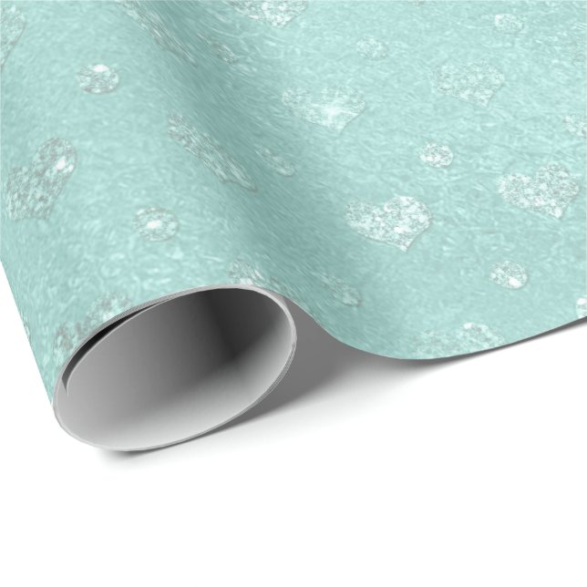 Tiffany Aqua Mint Blue Shiny Glass Hearts Delicate Geschenkpapier (Rolleneckpunkt)