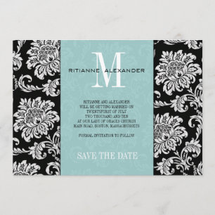 Tiffany Black Monogram Damast Hochzeitseinladung Einladung