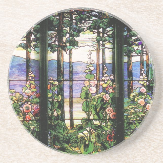 Tiffany-Buntglas-Fensterhollyhocks-Kunst Sandstein Untersetzer (Vorne)