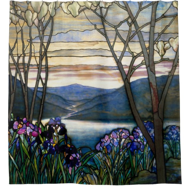 Tiffany-Buntglas-Magnolien-Iris-Kunst Nouveau Duschvorhang (Vorderseite)