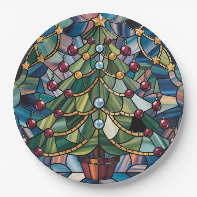 Tiffany-Stil-Buntglas-Weihnachtsbaum Pappteller (Vorderseite)