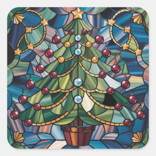 Tiffany-Stil-Buntglas-Weihnachtsbaum Quadratischer Aufkleber