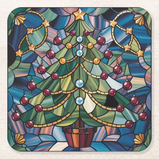 Tiffany-Style Stained Glass Christmas Tree Rechteckiger Pappuntersetzer (Vorderseite)