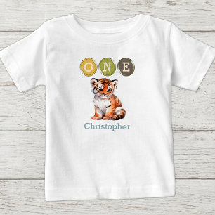 Tiger 1. Geburtstag eins mit Namen blau Baby T-shirt