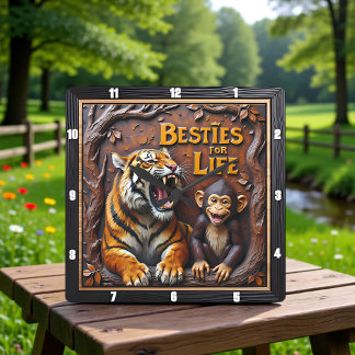 Tiger-Affen-Baumfreunde Quadratische Wanduhr