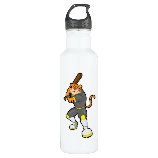 Tiger als Baseballspieler mit Baseballschläger Edelstahlflasche (Vorderseite)