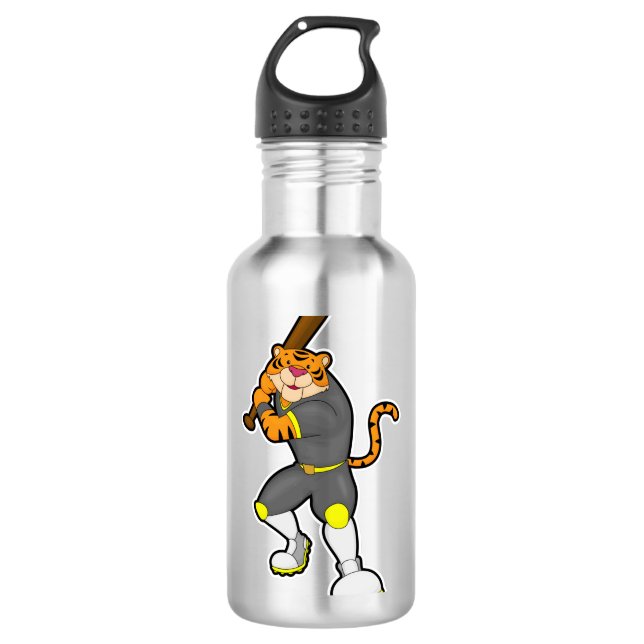 Tiger als Baseballspieler mit Baseballschläger Edelstahlflasche (Vorderseite)