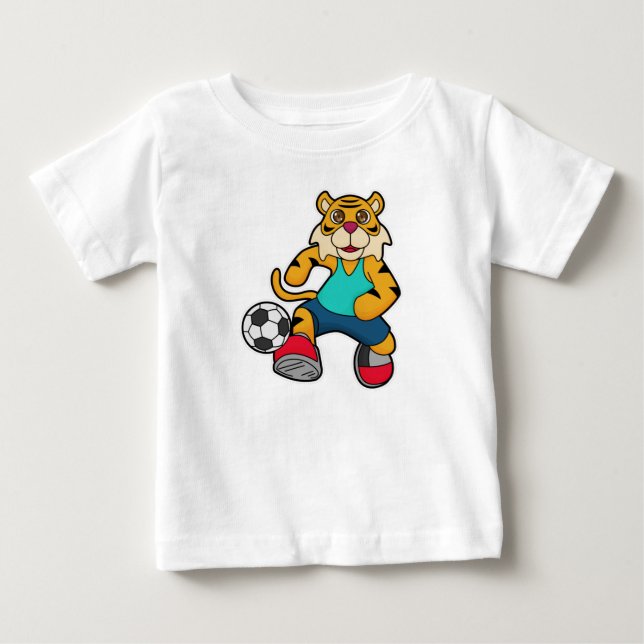 Tiger als Fußballspieler mit Fußball Baby T-shirt (Vorderseite)