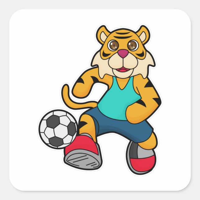 Tiger als Fußballspieler mit Fußball Quadratischer Aufkleber (Vorderseite)