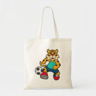 Tiger als Fußballspieler mit Fußball Tragetasche