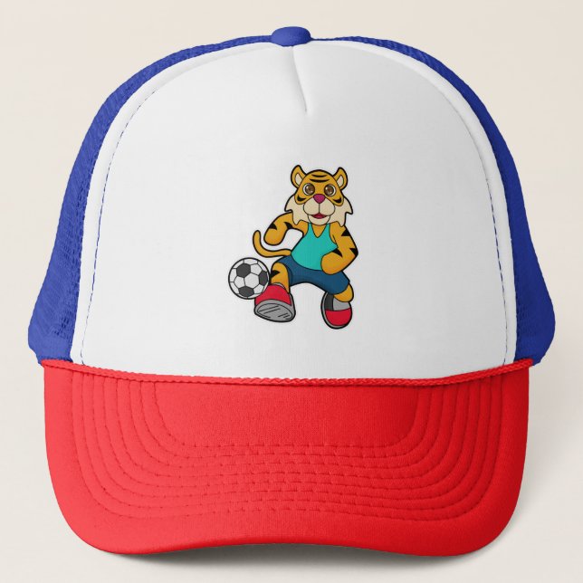 Tiger als Fußballspieler mit Fußball Truckerkappe (Vorderseite)