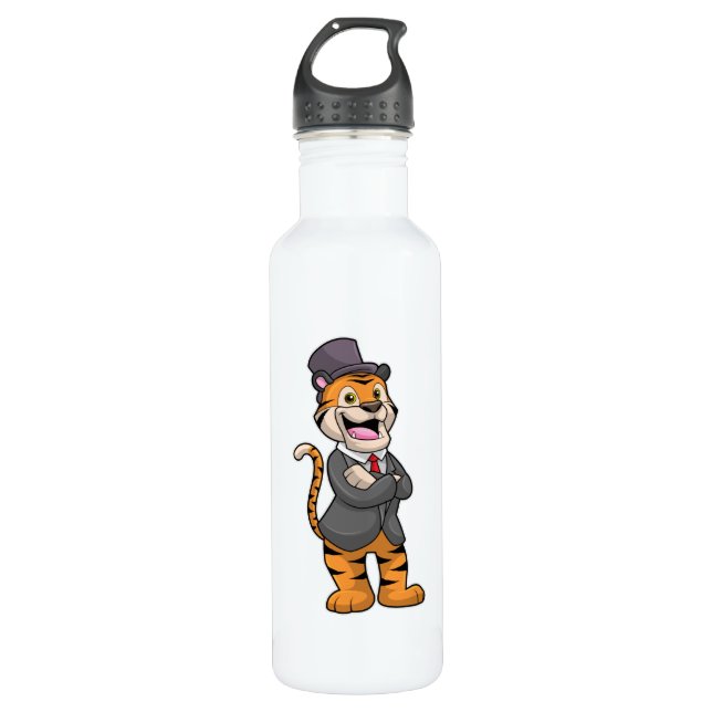 Tiger als Groom mit Jacket & Hut Edelstahlflasche (Vorderseite)