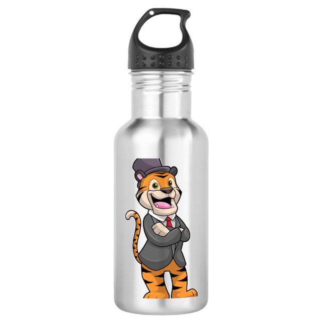 Tiger als Groom mit Jacket & Hut Edelstahlflasche (Vorderseite)