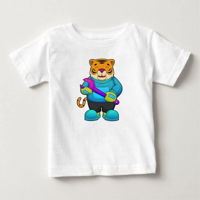 Tiger als Mechaniker mit Schlüssel Baby T-shirt (Vorderseite)