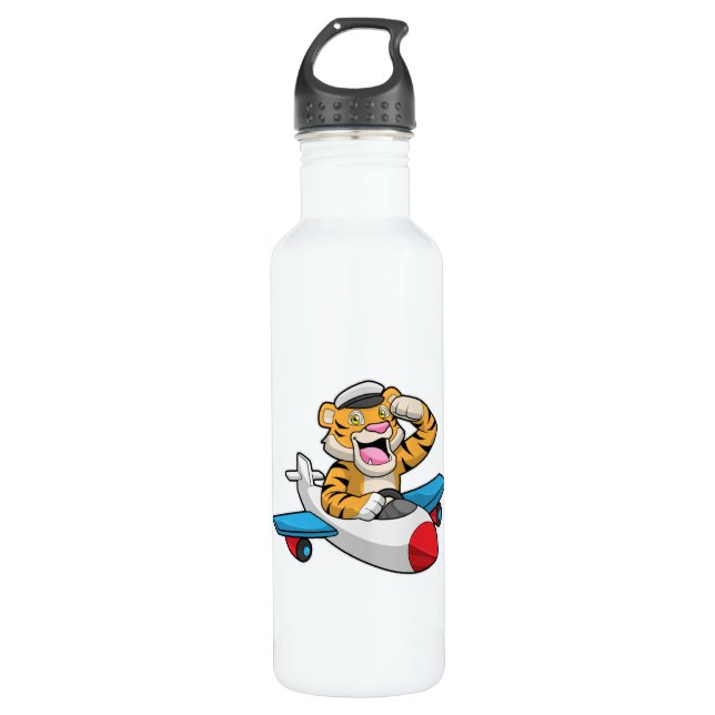 Tiger als Pilot in Flugzeuge Edelstahlflasche (Vorderseite)