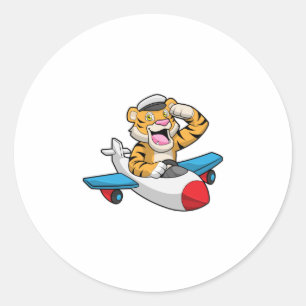 Tiger als Pilot in Flugzeuge Runder Aufkleber