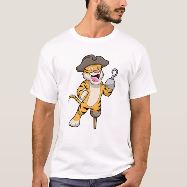Tiger als Pirate mit Holzbein und Hooker Hand T-Shirt (Vorderseite)