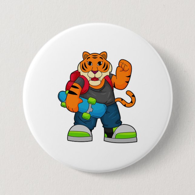 Tiger als Skater mit Skateboard Button (Vorderseite)