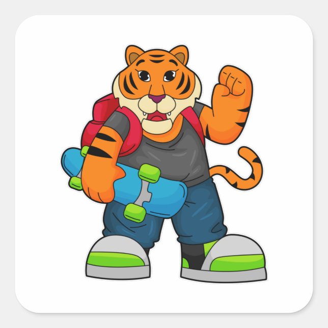 Tiger als Skater mit Skateboard Quadratischer Aufkleber (Vorderseite)