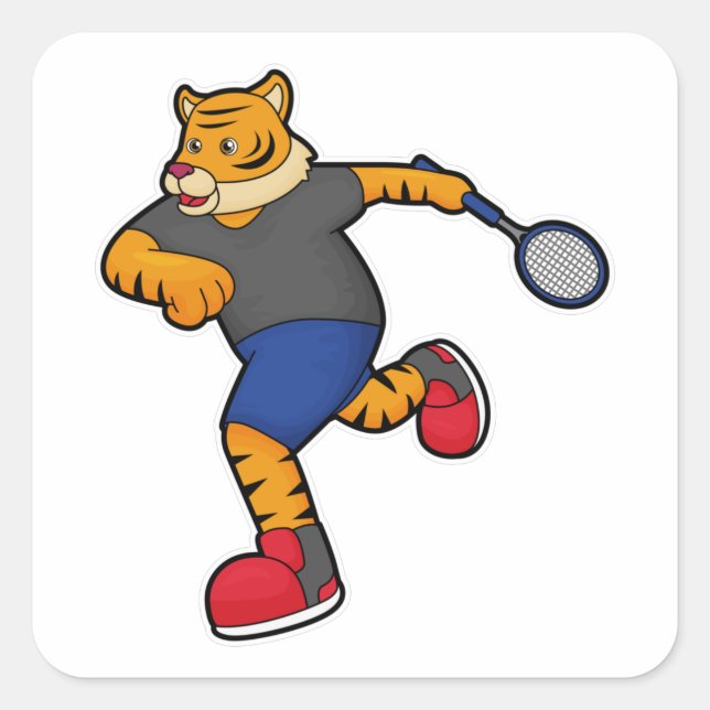 Tiger als Tennisspieler mit Tennisschläger Quadratischer Aufkleber (Vorderseite)