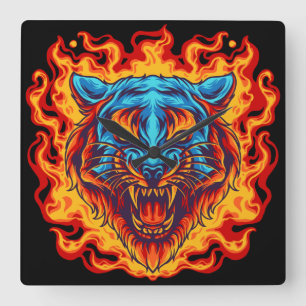 Tiger am Feuer Quadratische Wanduhr