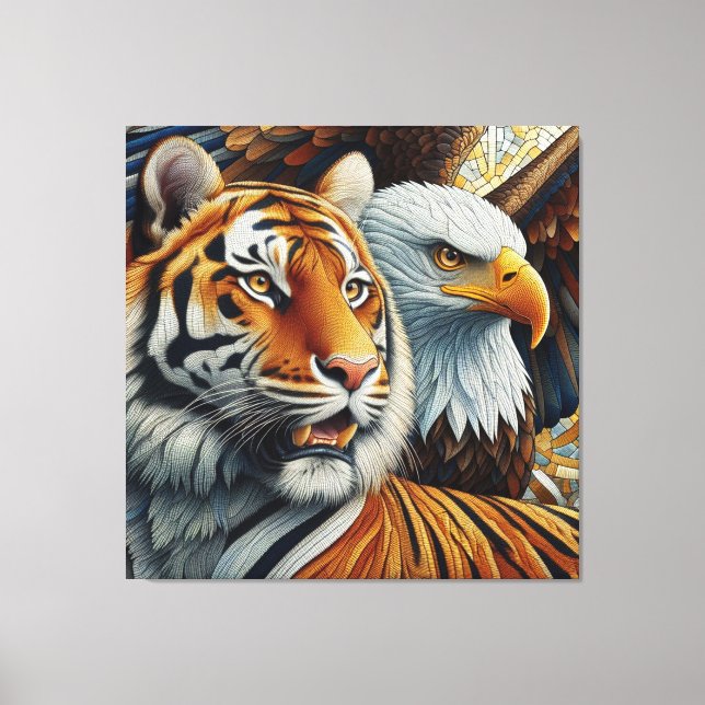 TIGER AND EAGLE, REALISTIC AND MOSAIC STYLE LEINWANDDRUCK (Vorderseite)