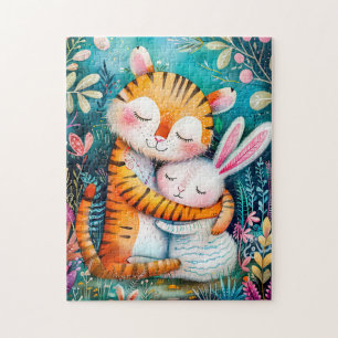 Tiger and Rabbit Embrace on in night time at fores