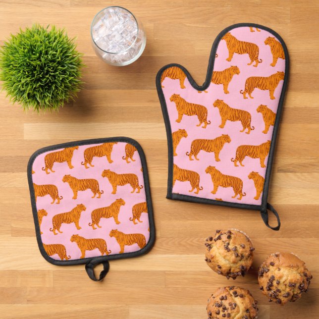 Tiger Animal Pink Modern Ofenhandschuh & Topflappen-Set (Oben Unten)