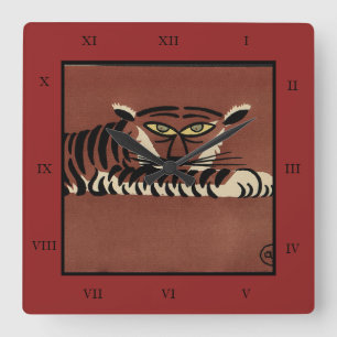 Tiger - Antiquarische, farbenfrohe Buchillustratio Quadratische Wanduhr